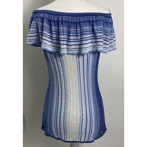 Womens Fitted Y2K Off Shoulder Ruffled Top Shiny Blue Stripes 90s Fairycore XS